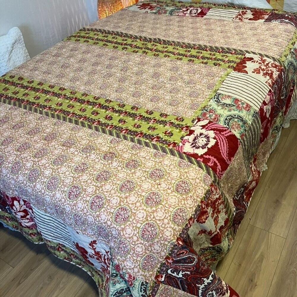 POTTERY BARN Quilt Cranberry Red Pink Patchwork Floral Reversible Stripe Queen